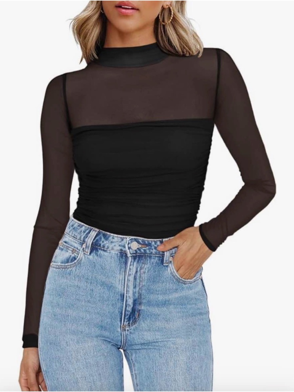 2 for $20 Black Sheer Mock Neck Long Sleeve Top - Unbranded